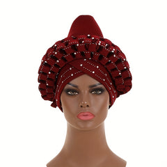 Rhinestone Decor Big Turban Cap Braided Elastic Head Wrap