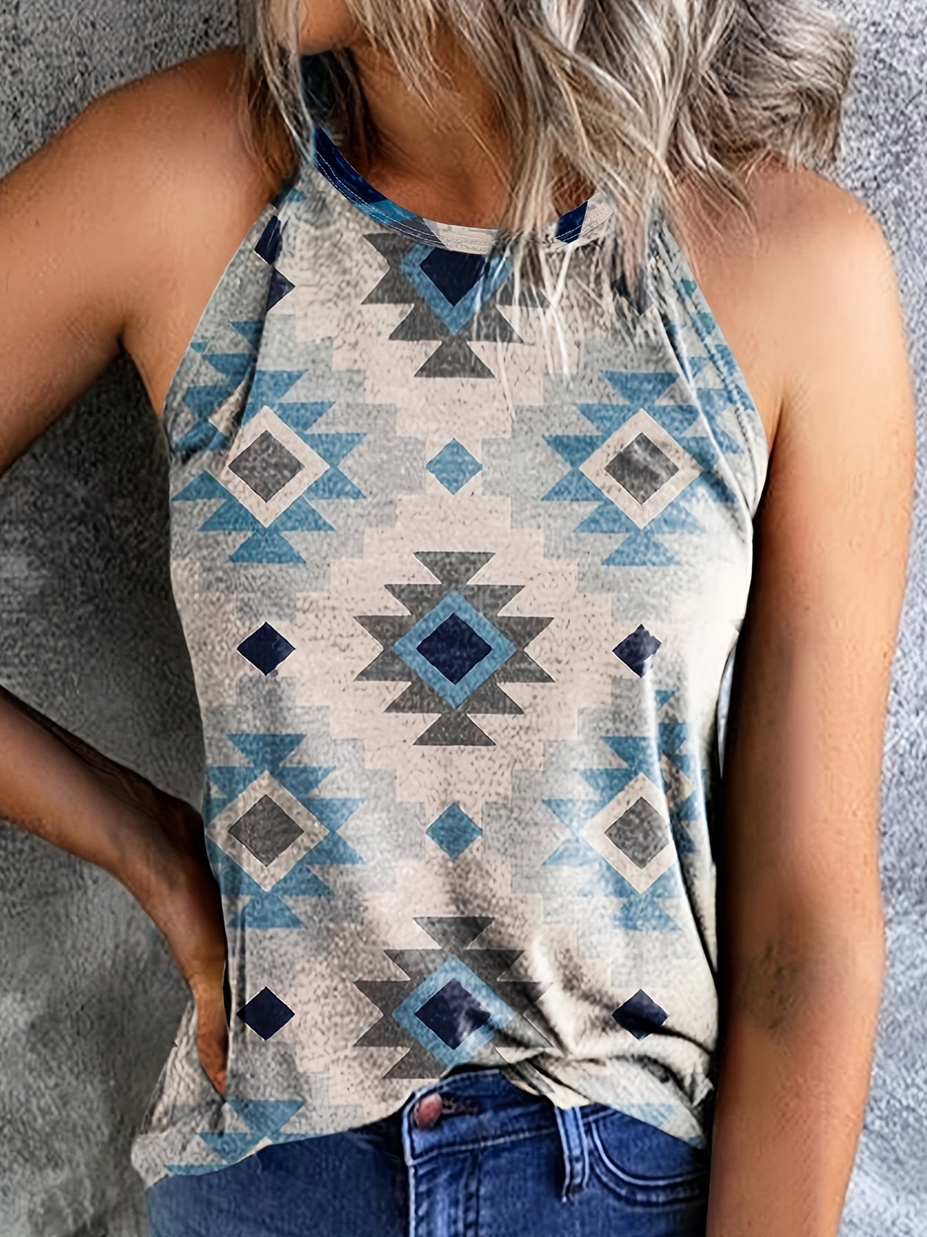  Southwestern Print Tank Top Round Neck Casual Slight Stretch