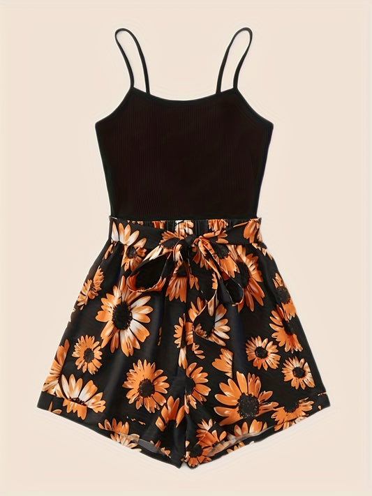 Spring & Summer 2pc Set Spaghetti Top & Floral Shorts Women's Clothing