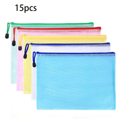 5pcs Plastic Mesh Zipper Pouch Waterproof Document Folders Bag - A4 Size