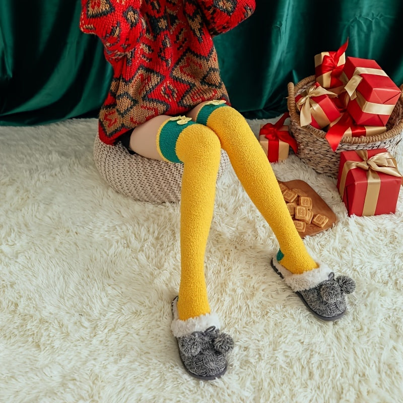 Warm Over The Knee Socks Bowknot Decor Coral Fleece Crew Stockings