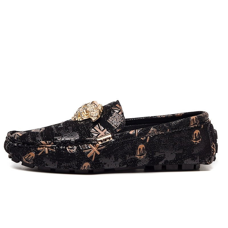 Women's Skull Metal Flat Loafers Slip On PU Leather Shoes