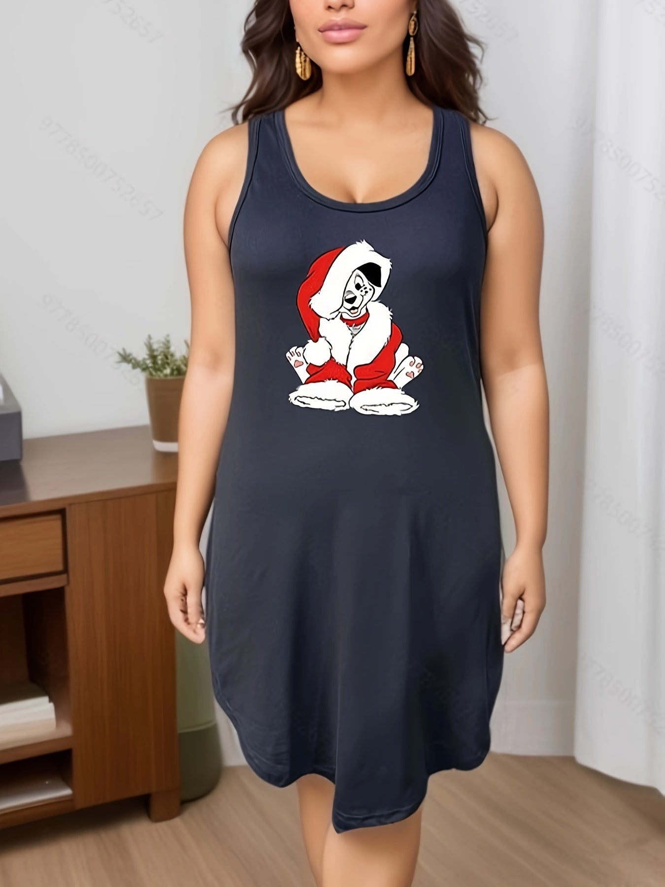  Christmas Lounge Dress Women's Plus Christmas Hat Dog Print Nightdress