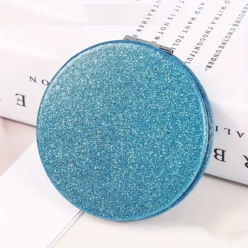 Glitter Leather Compact Mirror Double Side Folding Travel Vanity Mirror