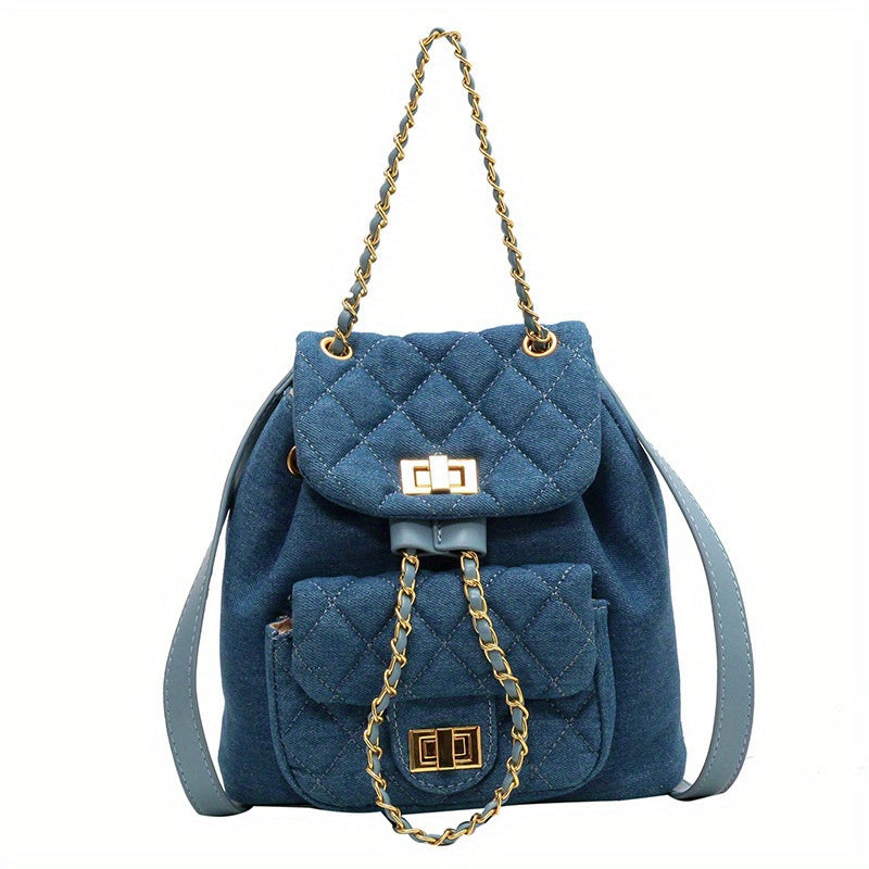 Minimalist Denim Backpack Solid Turn Lock Chain Daypack