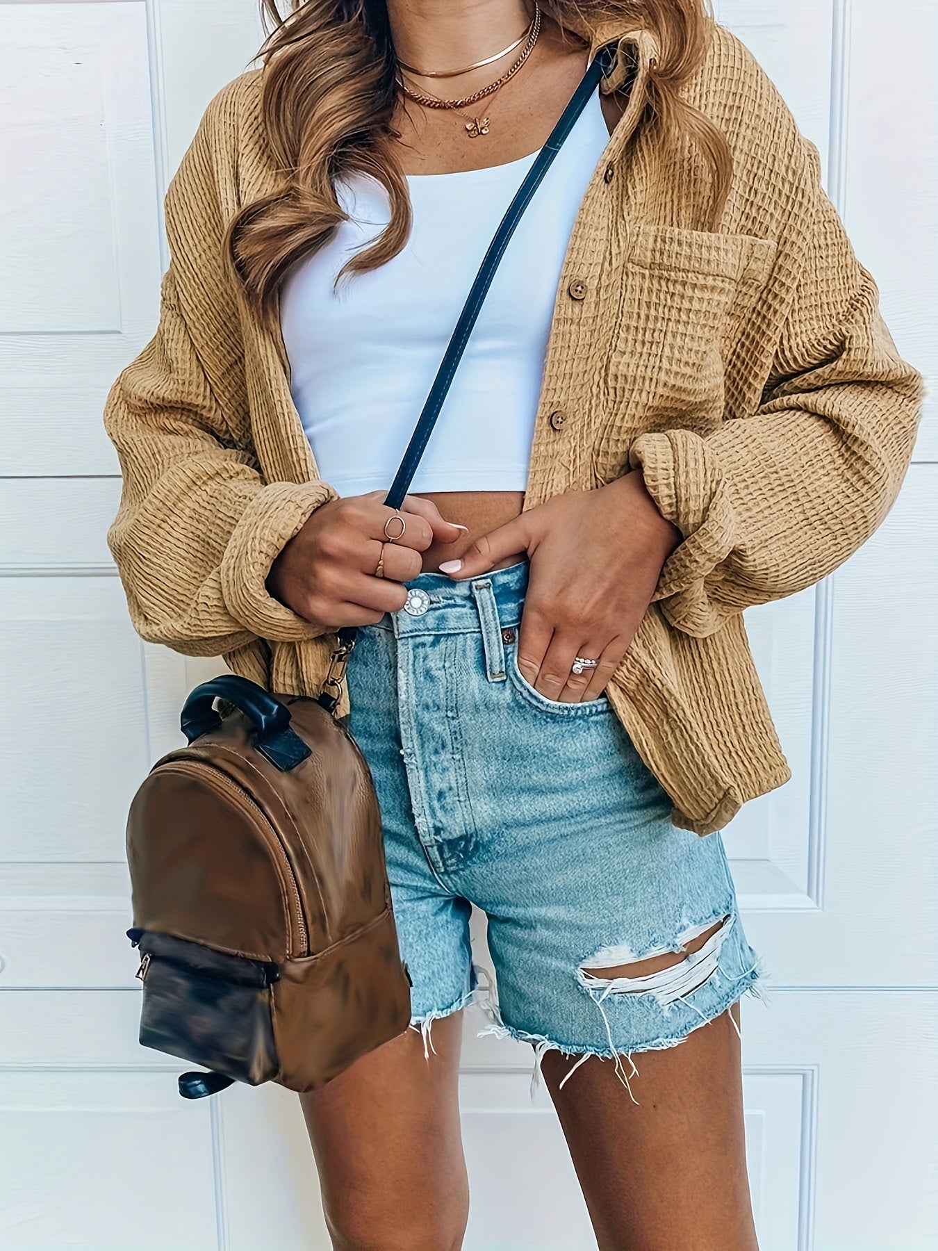 Waffle Solid Jacket Button Front Outerwear Women's Clothing