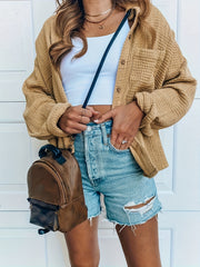 Waffle Solid Jacket Button Front Outerwear Women's Clothing