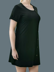  Solid Button Decor Short Sleeve Round Neck Dress