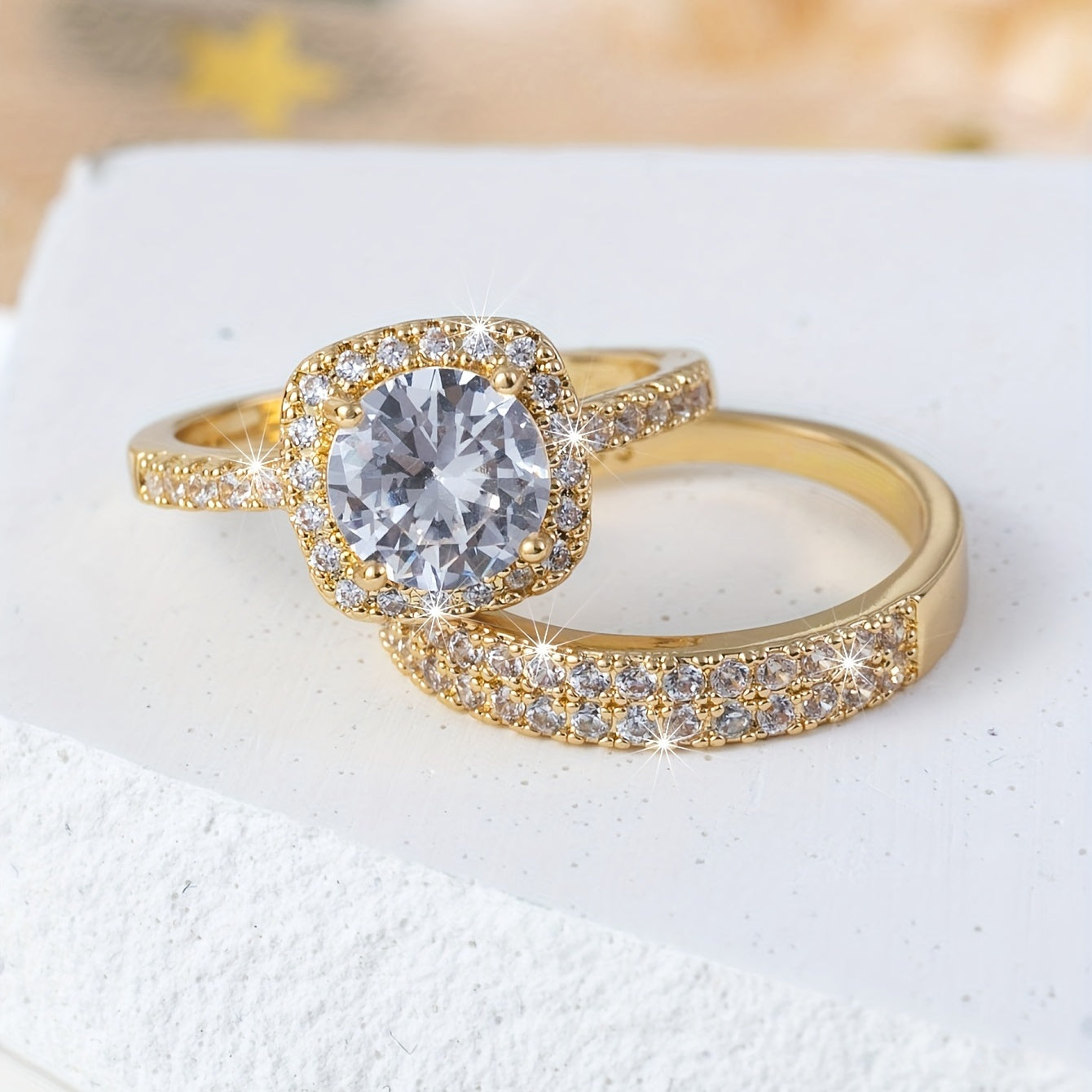 2pcs Shining Gemstone Promise Rings Silver Plated Dainty Jewelry