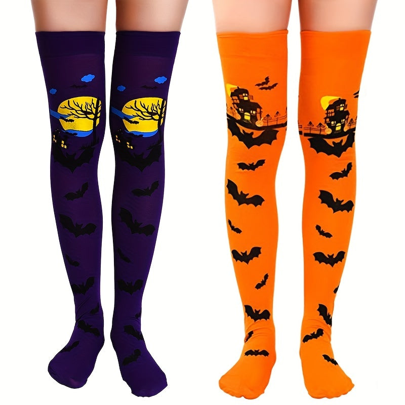 Bat Print Thigh High Socks Halloween Party Over The Knee Stockings