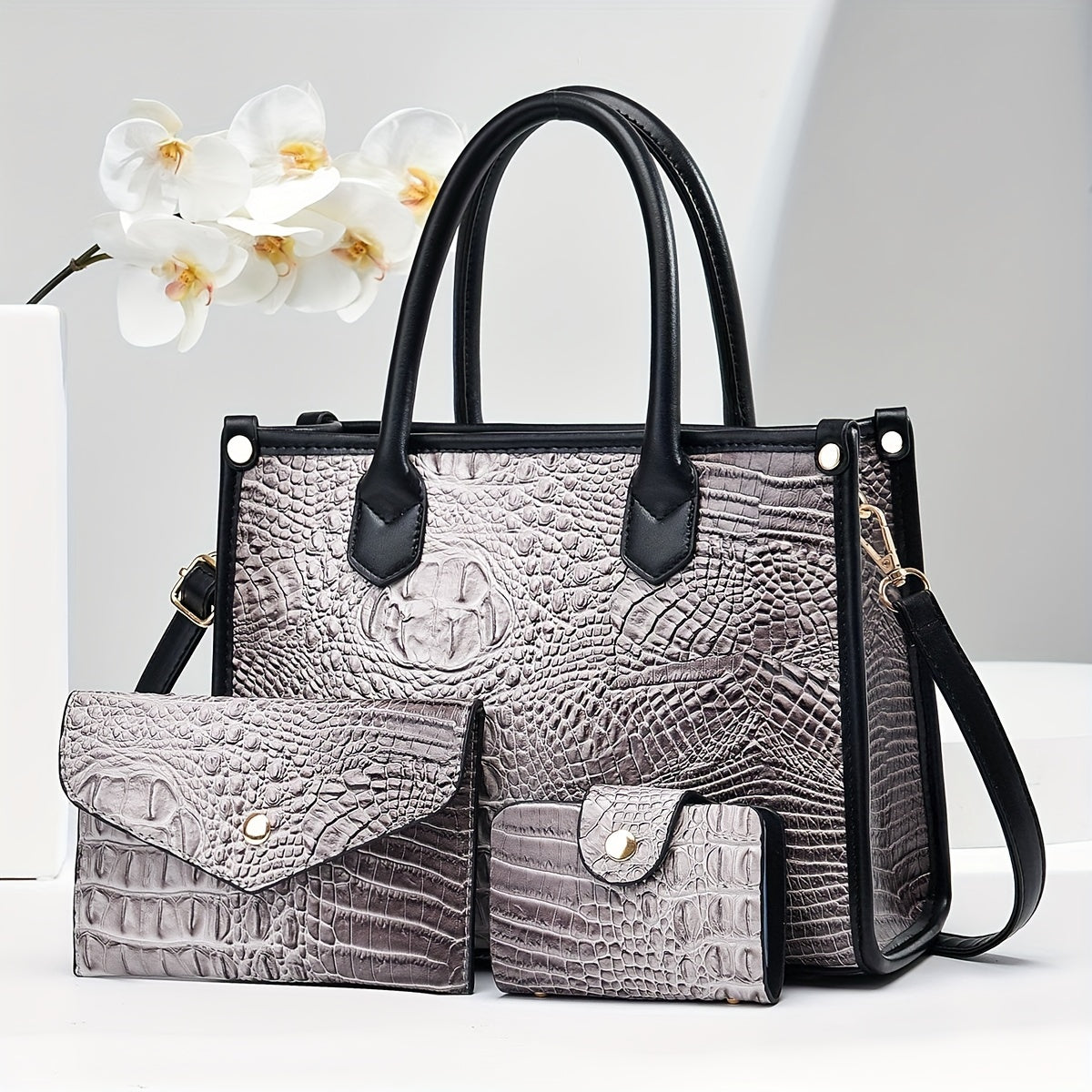 3pcs Crocodile Pattern Faux Leather Handbag Set