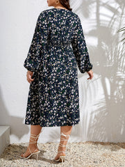  Ditsy Print Lantern Sleeve Midi Dress