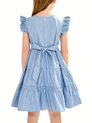 Girls Flutter Sleeve Ruffle A Line Dress Sweet Princess Style Sundress