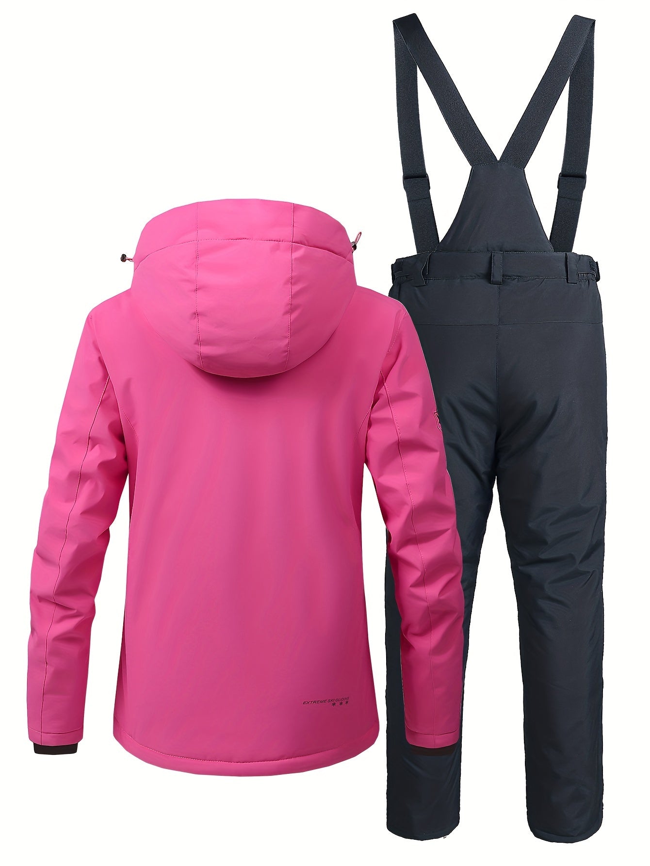 Windproof Snowflake Print Ski Set Hooded Jacket & Suspender Trouser Ski Suit
