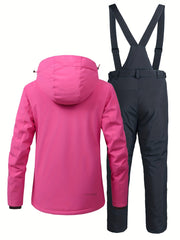 Windproof Snowflake Print Ski Set Hooded Jacket & Suspender Trouser Ski Suit