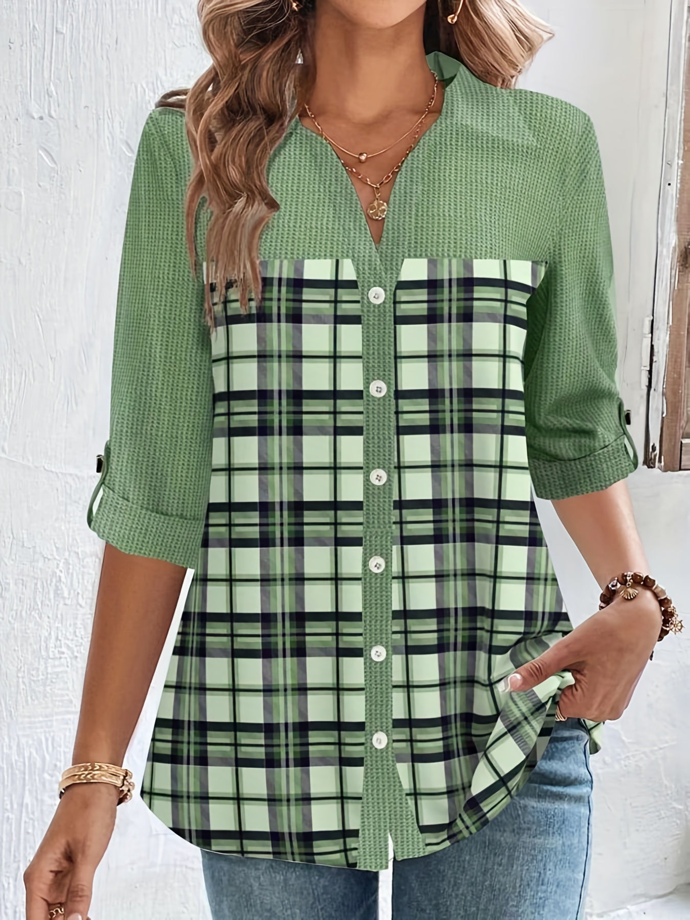  Colorblock Plaid Print Button Up Roll Up Sleeve Blouse