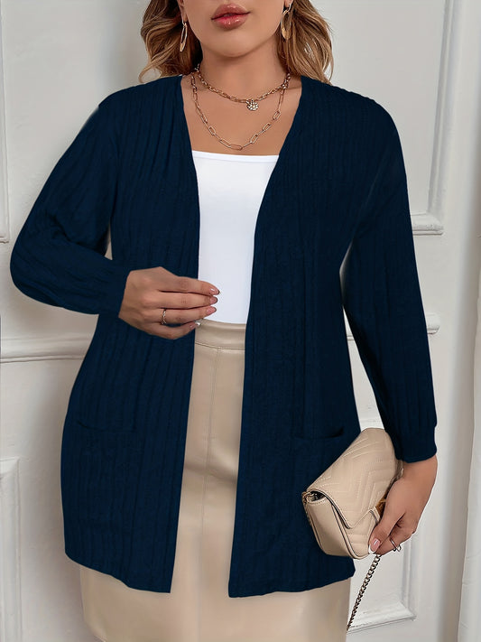  Solid Ribbed Long Sleeve Open Front Stretch Cardigan