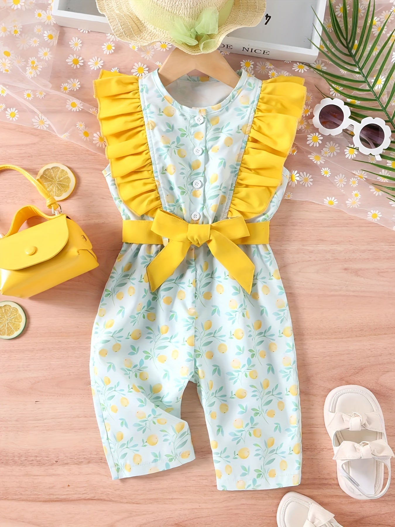 Girls Lemon Graphic Ruffled Sleeveless Jumpsuit With Belt