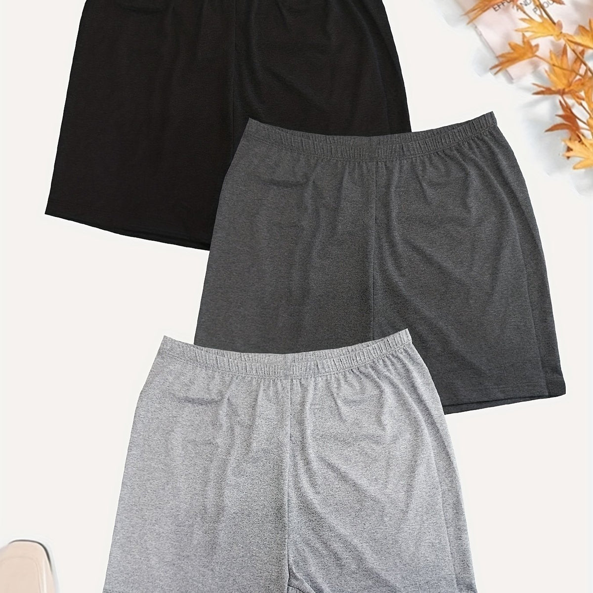 Solid Elastic Waist Shorts 3 Pack Wide Leg Casual Workout Versatile Shorts