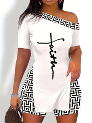 Geometric Print Two Piece Set Short Sleeve Split T-shirt & High Waist Shorts