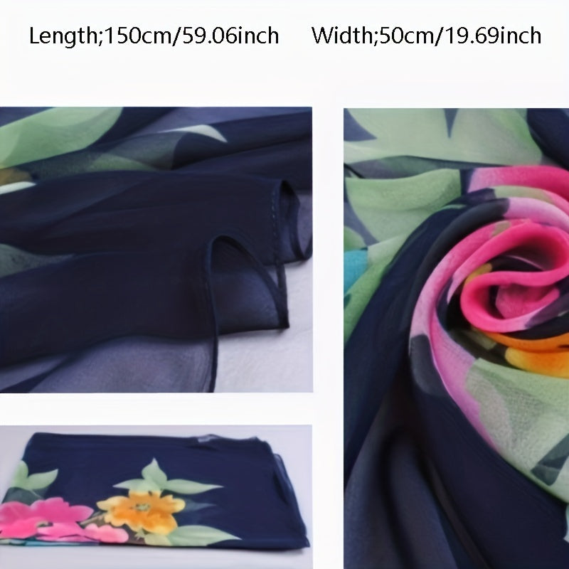 Peony Print Thin Scarf Beach Sunscreen Travel Shawl Vintage Chiffon Silk Scarf