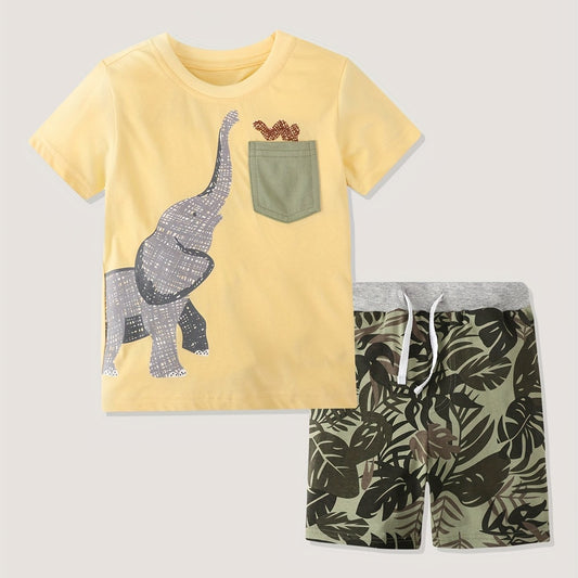 Boys Elephant Print T-shirt & Tropical Leaf Shorts Set