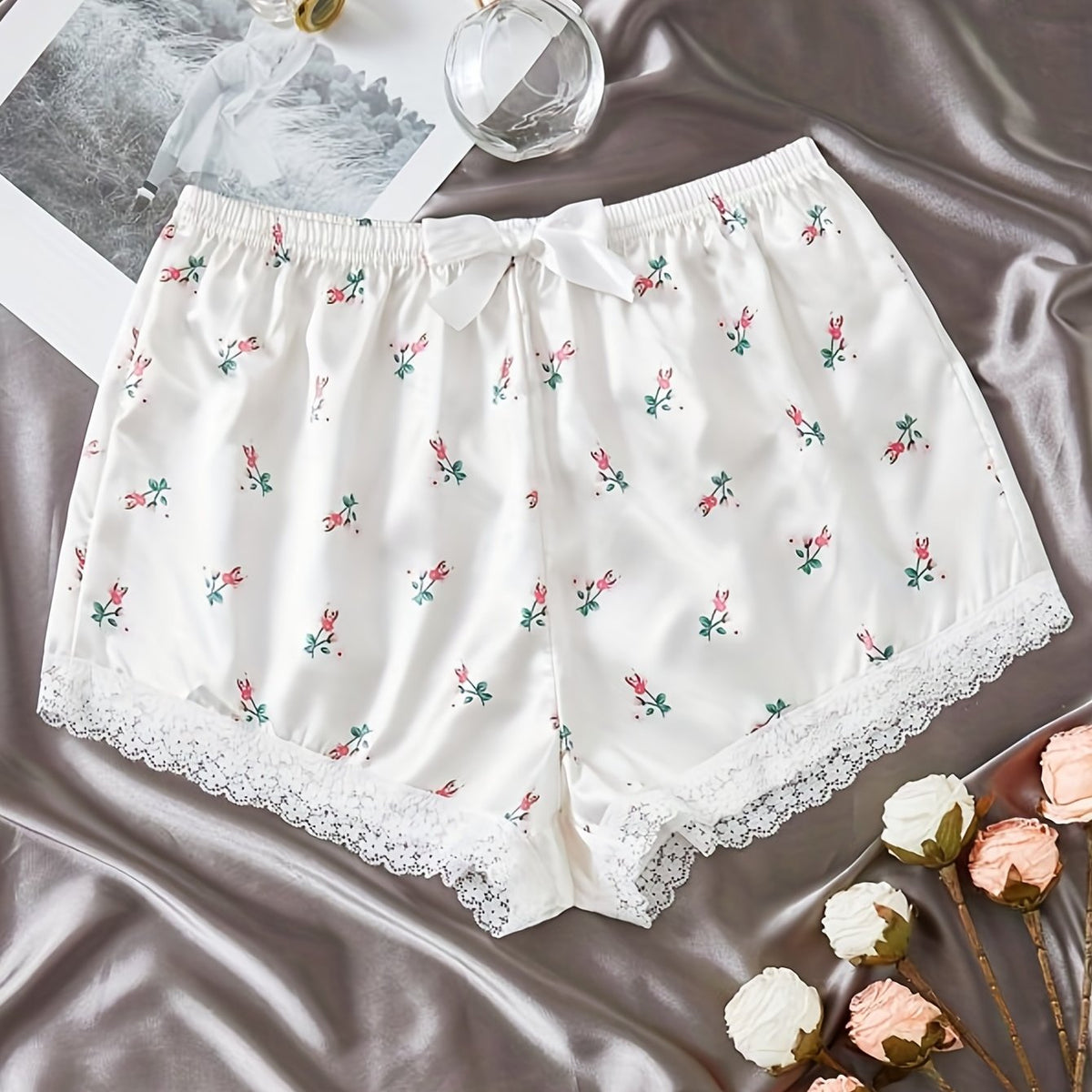 Floral Print Lace Trim Sleep Shorts