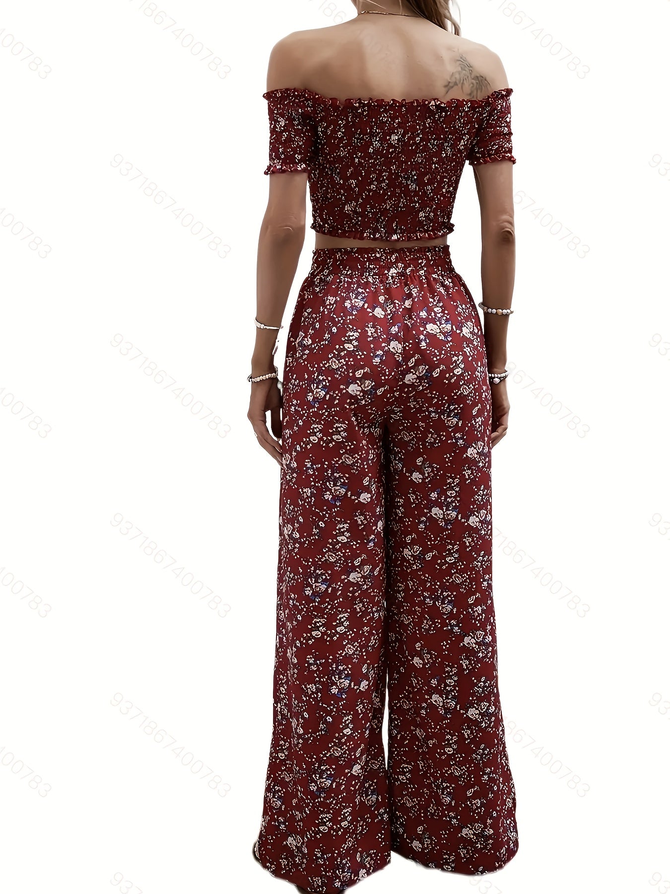 Floral Print Off Shoulder Crop Top & High Waist Set