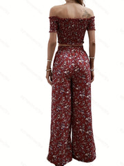 Floral Print Off Shoulder Crop Top & High Waist Set