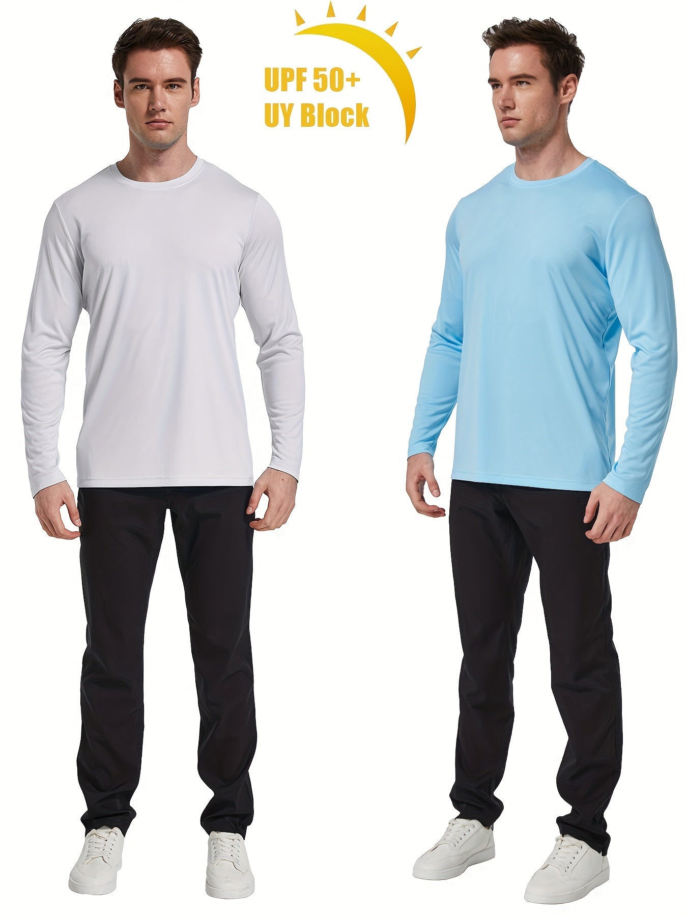 2pcs Men's Solid Crew Neck Long Sleeve Active UPF50 T shirt Tee