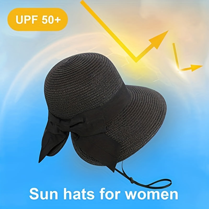 Bowknot Ponytail Sun Hat Wide Brim UV Protection Straw Hat Lightweight Foldable