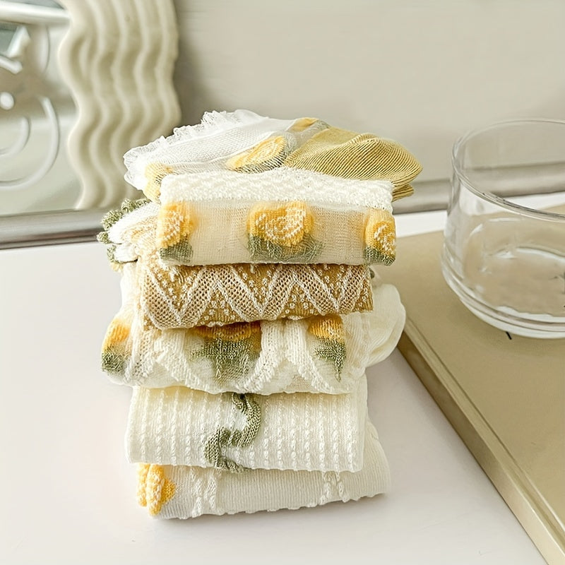 5 Pairs Floral Print Low Cut Ankle S Women Stockings Hosiery