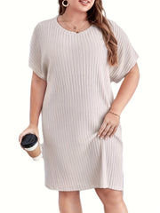 Women's Plus Solid Ribbed Batwing Sleeve Round Neck Loose Fit Dress