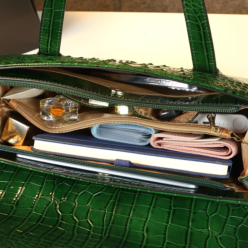 Vintage Crocodile Pattern Leather Handbag with Shoulder Strap & Wristlet