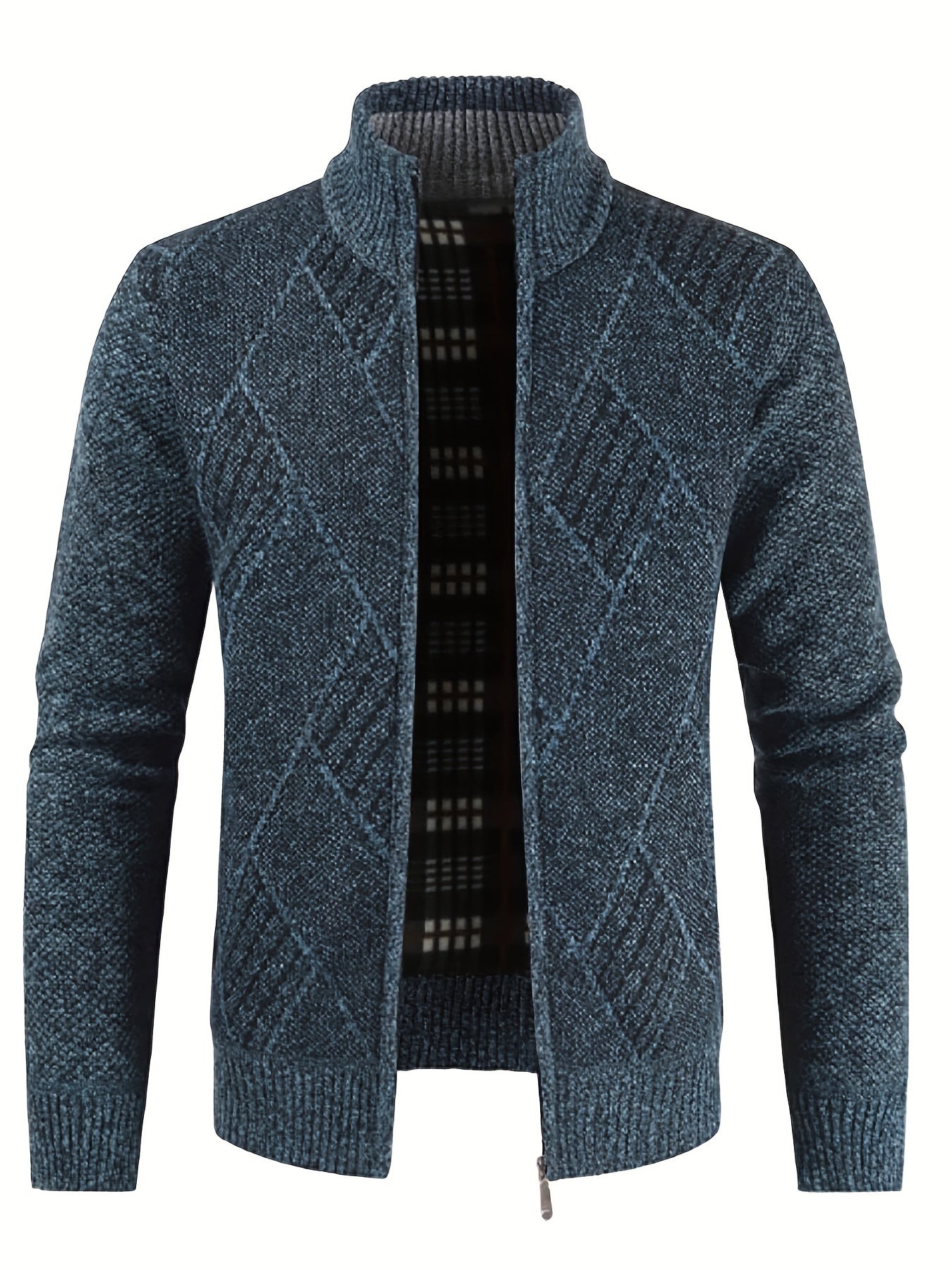 Argyle Texture Warm Plush Cardigan Zip Up Sweater