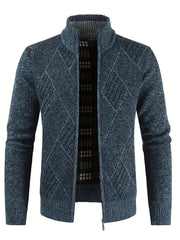 Argyle Texture Warm Plush Cardigan Zip Up Sweater