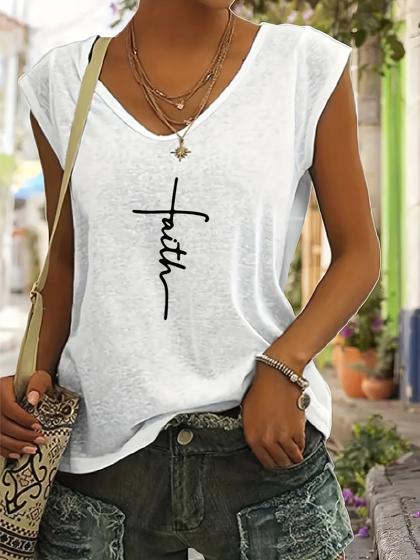 Faith Print V Neck Top Casual Top for Spring & Summer