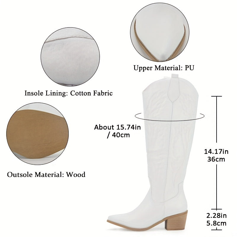 Embroidered Knee High Boots Pointed Toe Chunky Heel Western Shoes