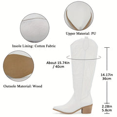 Embroidered Knee High Boots Pointed Toe Chunky Heel Western Shoes