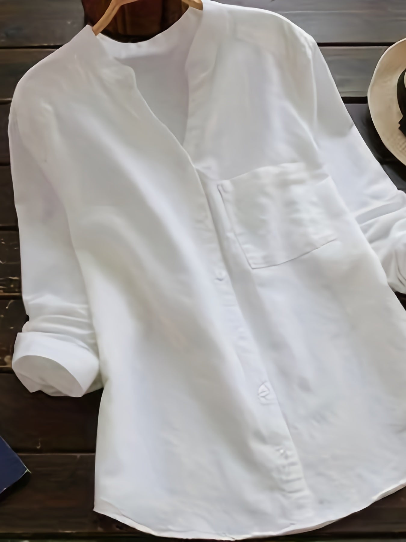  Solid Button Up Long Sleeve V Neck Blouse
