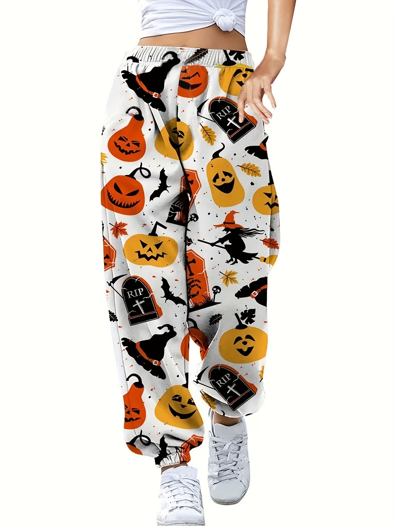  Halloween Pumpkin Print High Rise Tapered Leg Pants