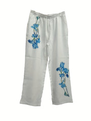  Floral Print Elastic Trousers Pockets
