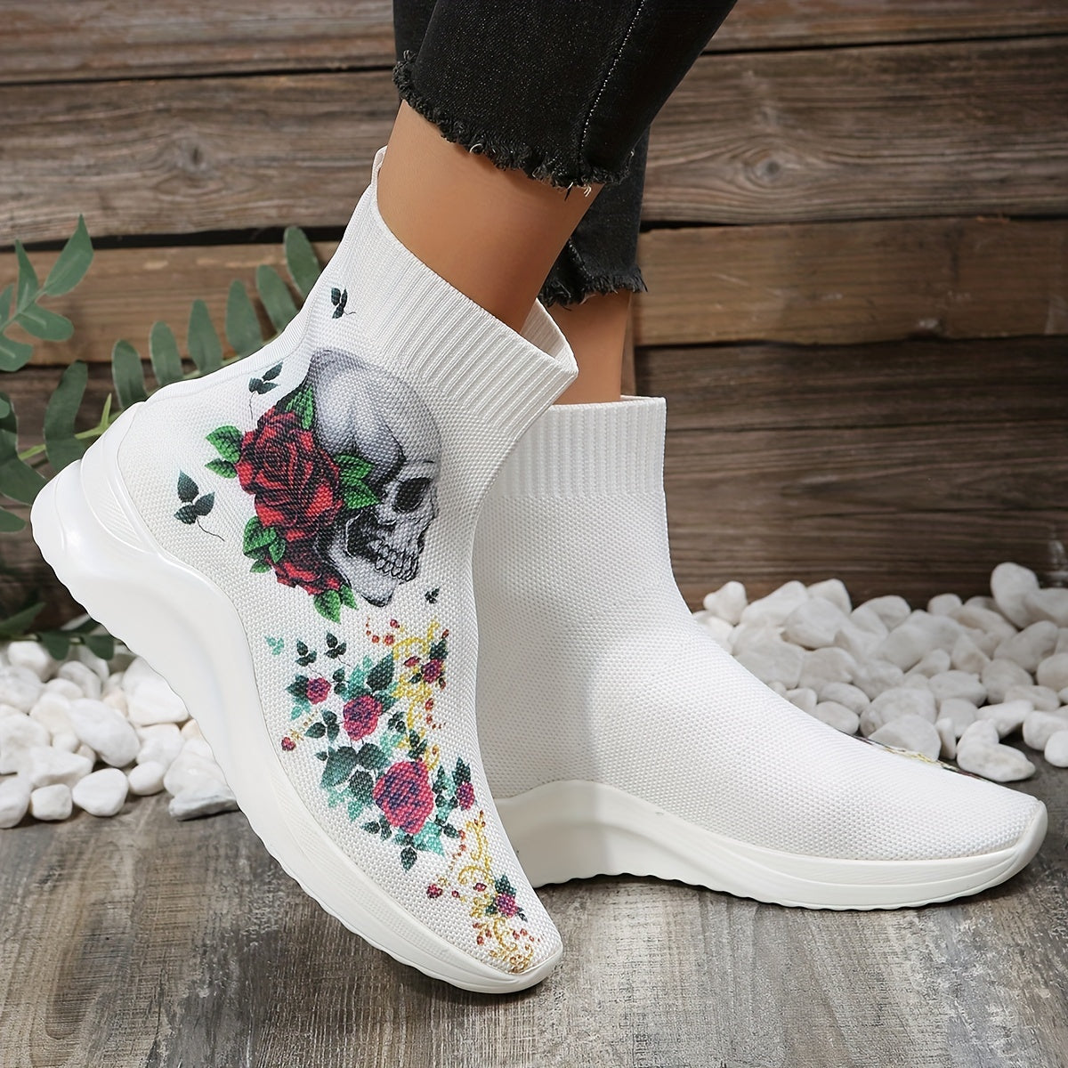 Women's Stretch Sock Boots Skull Rose Knit Ankle Boots Halloween Slip On