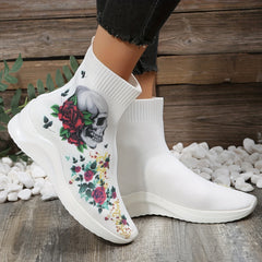 Women's Stretch Sock Boots Skull Rose Knit Ankle Boots Halloween Slip On
