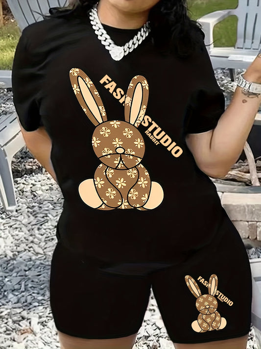  Cartoon Rabbit Print Top & Shorts Set