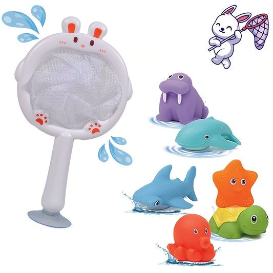 ROYLANZ Mixed Bath Toy Set Rabbit Duck Fishing Net Animal Shaped Play Set