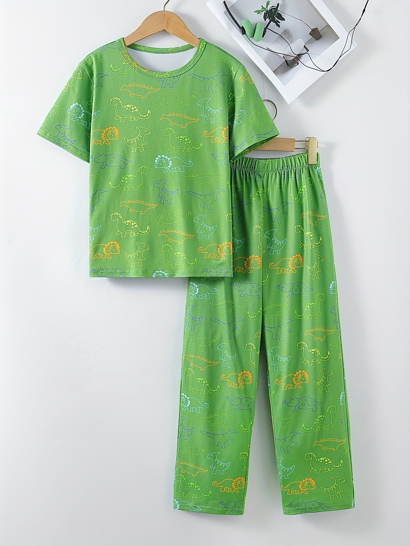 Boys Dino Print Pajama Set Short Sleeve Round Neck Elastic Waist Pants