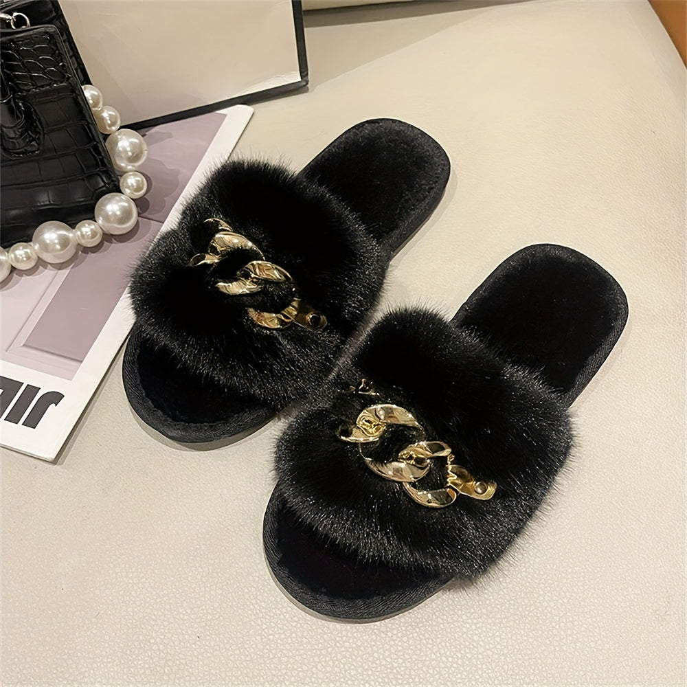 Women's Chain Decor Plush Slippers Faux Fur Indoor Warm Slip On
