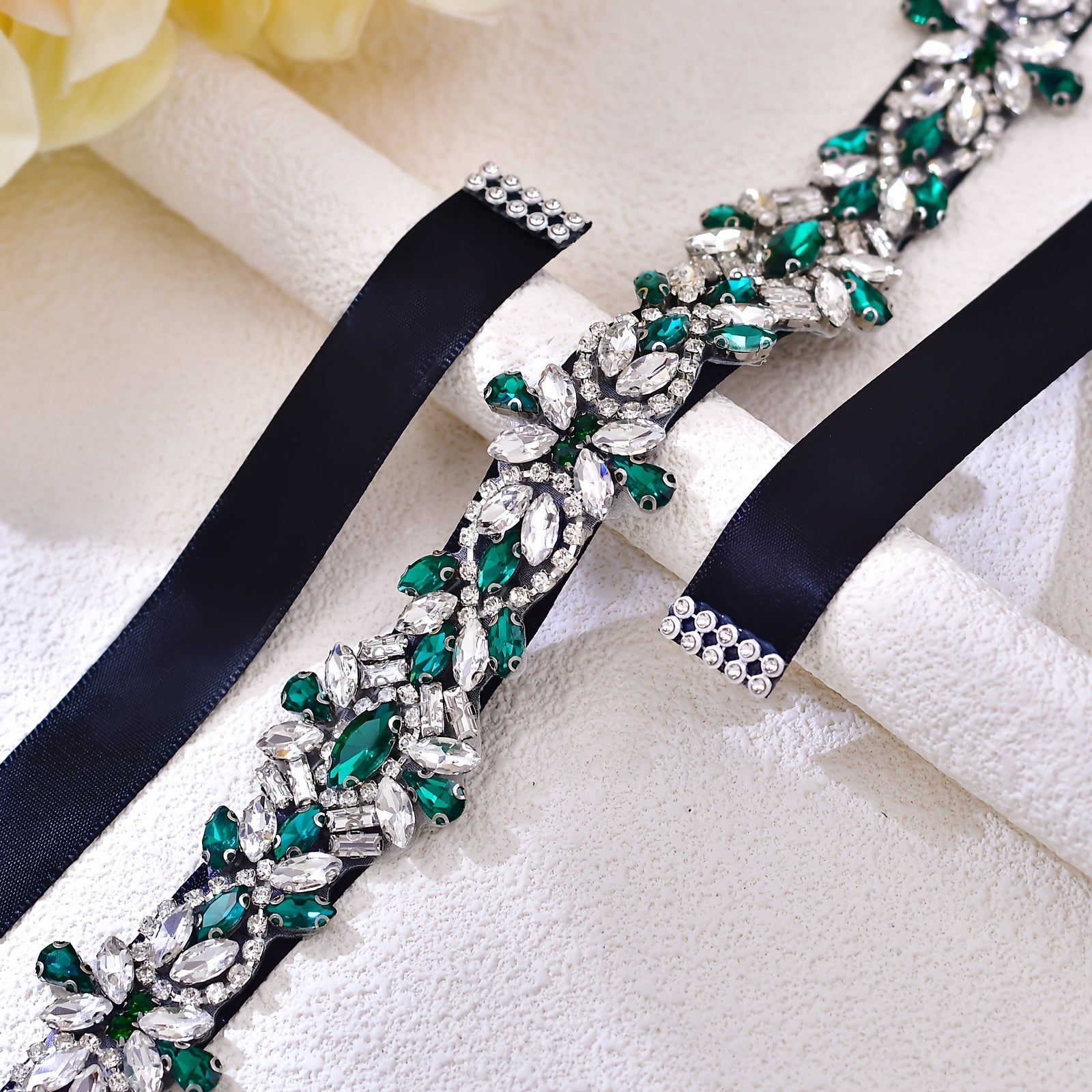Vintage Green Dress Belt with Rhinestone Waist Sparkle