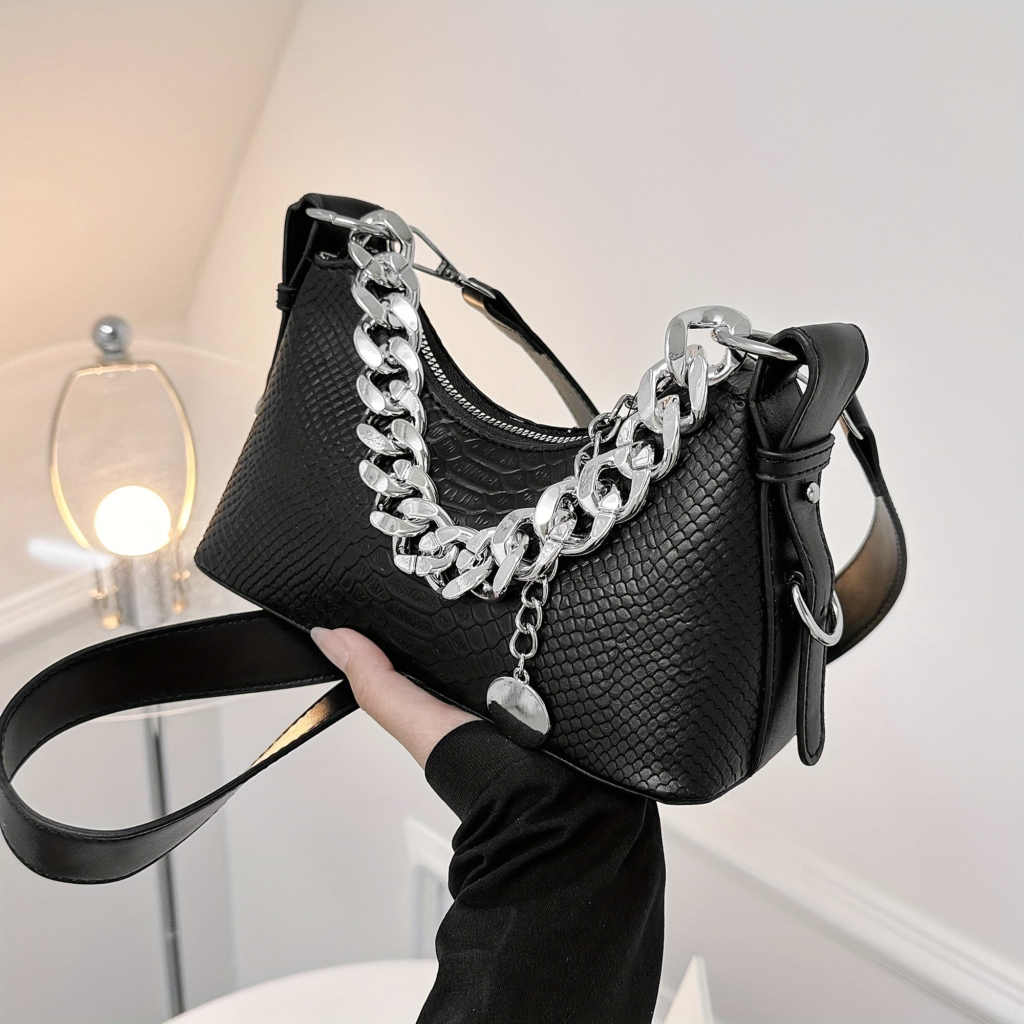 Y2K Chain Baguette Bag Crocodile Embossed Handbag Women's Small Crossbody Purse